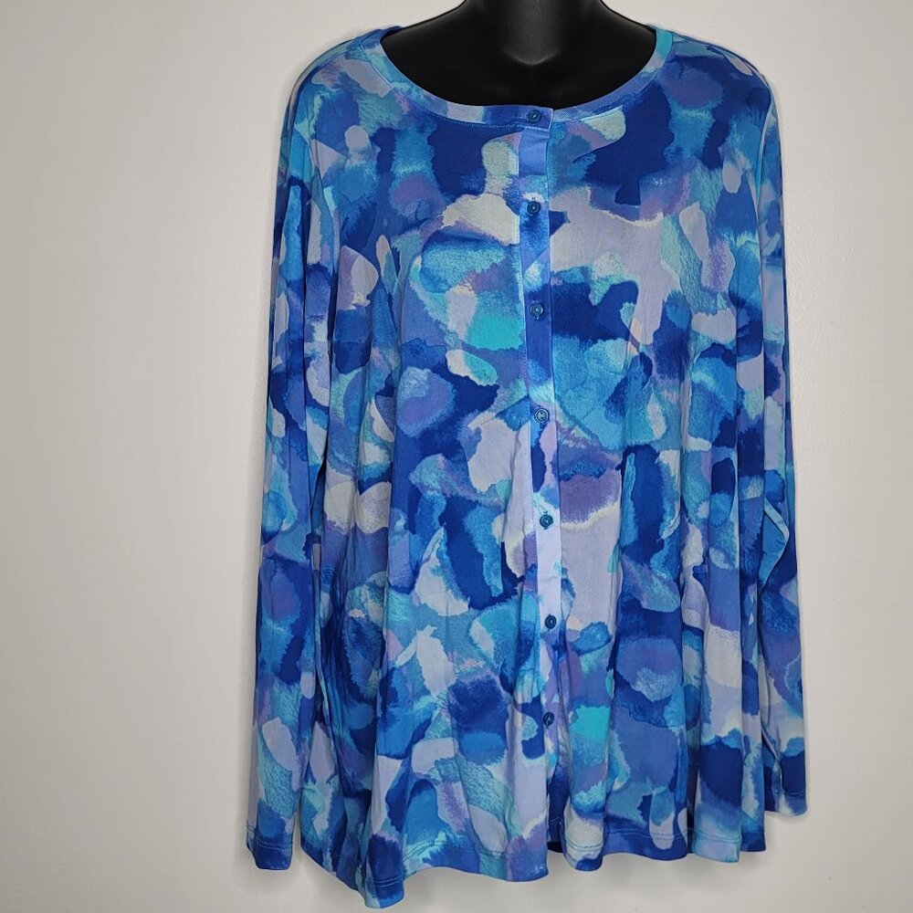 LOGO Lori Goldstein Sweater Shirt Womens 1X Blue Watercolor Cardigan Button Mesh